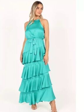 Petal & Pup Teal Tiered Halter Maxi Dress